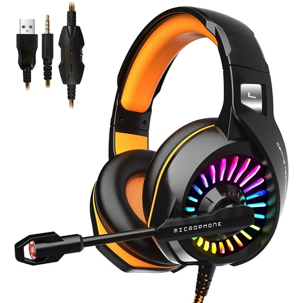 ZIUMIER Z20 Gaming Headset for PS4, Xbox One, PC, with Noise Isolation  Microphone, 50mm Driver, RGB LED Light, Surround Sound, Orange
