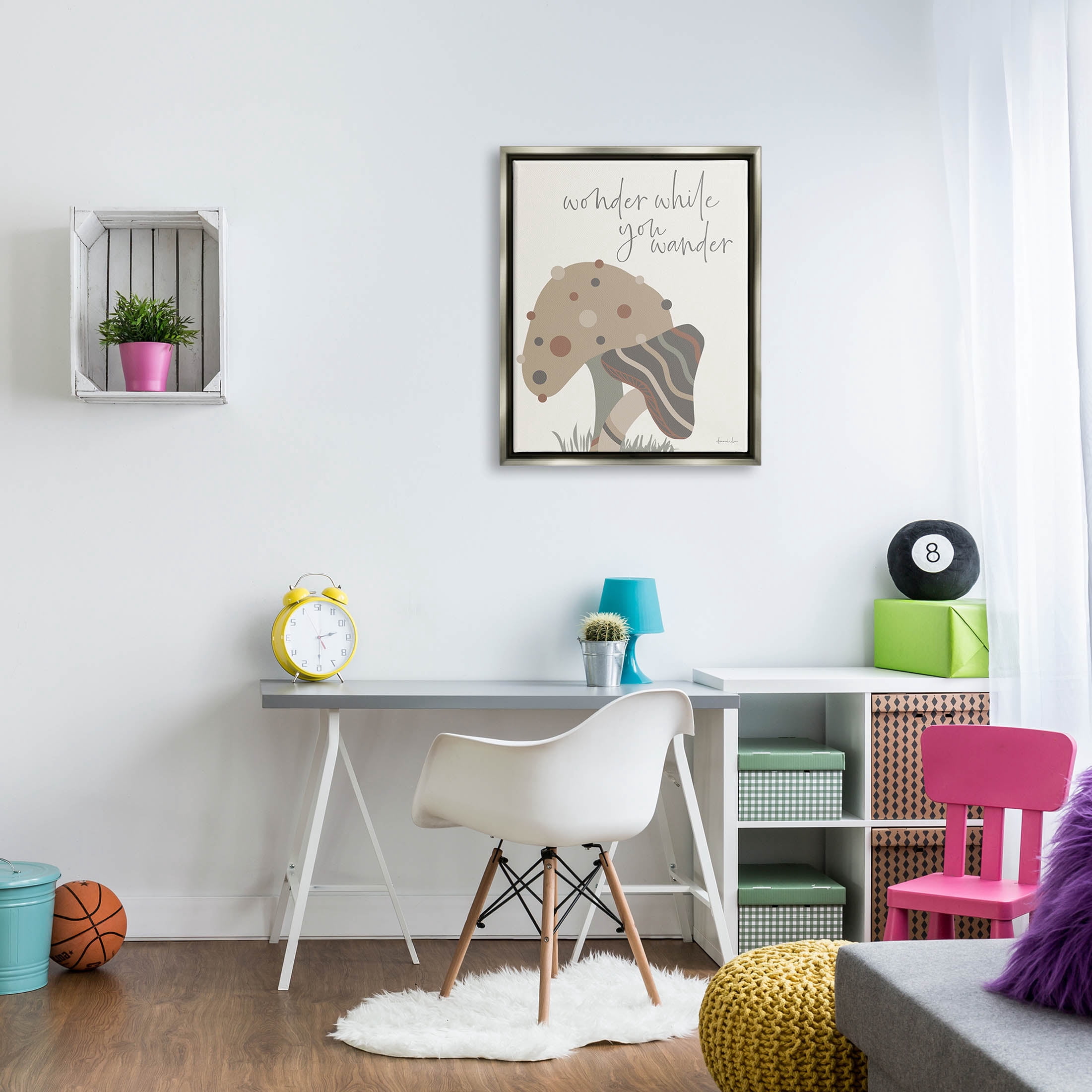 Stupell Industries Wonder While you Wander Mushroom Graphic Art Luster Gray Floating Framed Canvas Print Wall Art, Design by Daniela Santiago