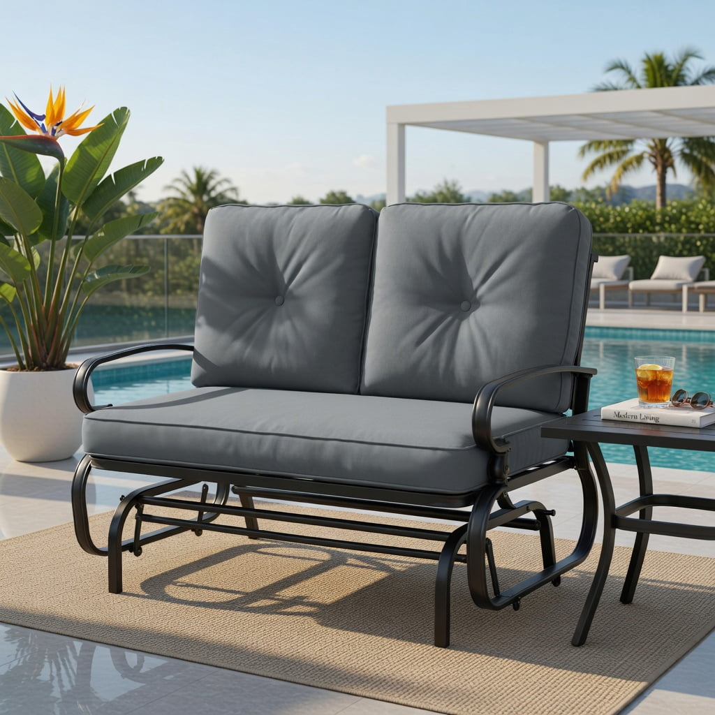 Hommoo 2-Person Outdoor Swing Glider Bench with Plush Olefin Cushions, Rust-Resistant Steel Frame, for Patio, Porch & Backyard Loveseat, Gray