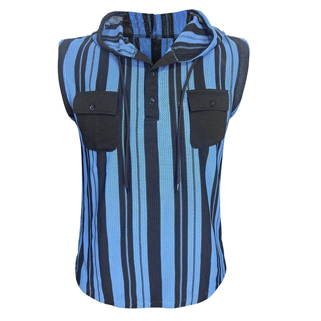 Mens Manga Corta Botón Abajo Camisas con Bolsillo, Moda a Rayas sin Mangas, Chaqueta con Capucha Blusa