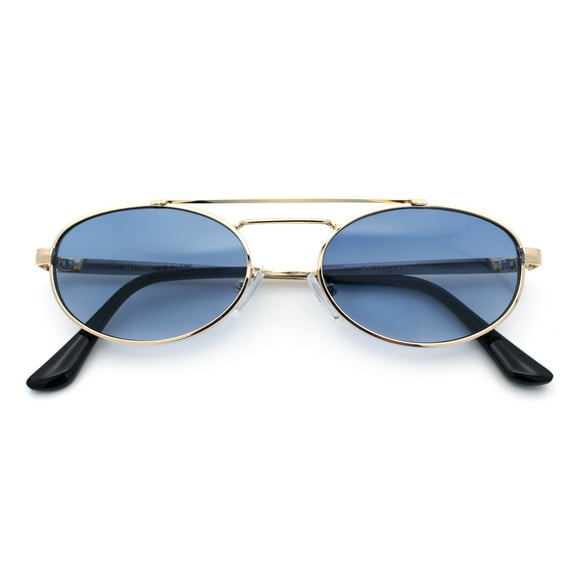Retro Top Double Bridge Hustler Oval Metal Rim Sunglasses Gold - Navy