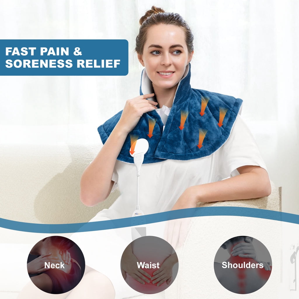 Keenstone Wearable Weighted Heating Pad for Neck and Shoulders Blue , 2.2lb Large Electric Heated Neck Shoulder Wrap for Warmth and Comfort - 19.3"x22.4"