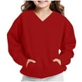 thumbnail image 4 of Girl's Hooded Sweatshirt Teens V-Neck Sweatshirt Trendy Solid Casual Pullover with Pocket Oversized Kids Thin Fleece Hoodless Tops For School Casual Fall Hoodies for Girl Red 3Y, 4 of 8