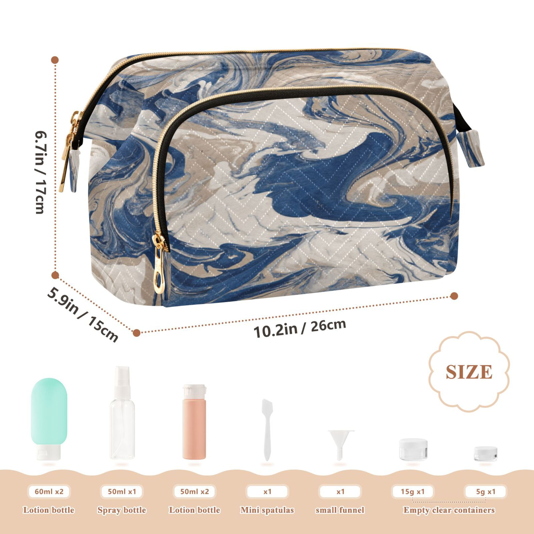 Wavy Quilted Cosmetic Bag Large-Capacity Travel Toiletry Organizer Includes 9-Piece Portable Travel Bottle Set Blue Flowing Liquid Marble