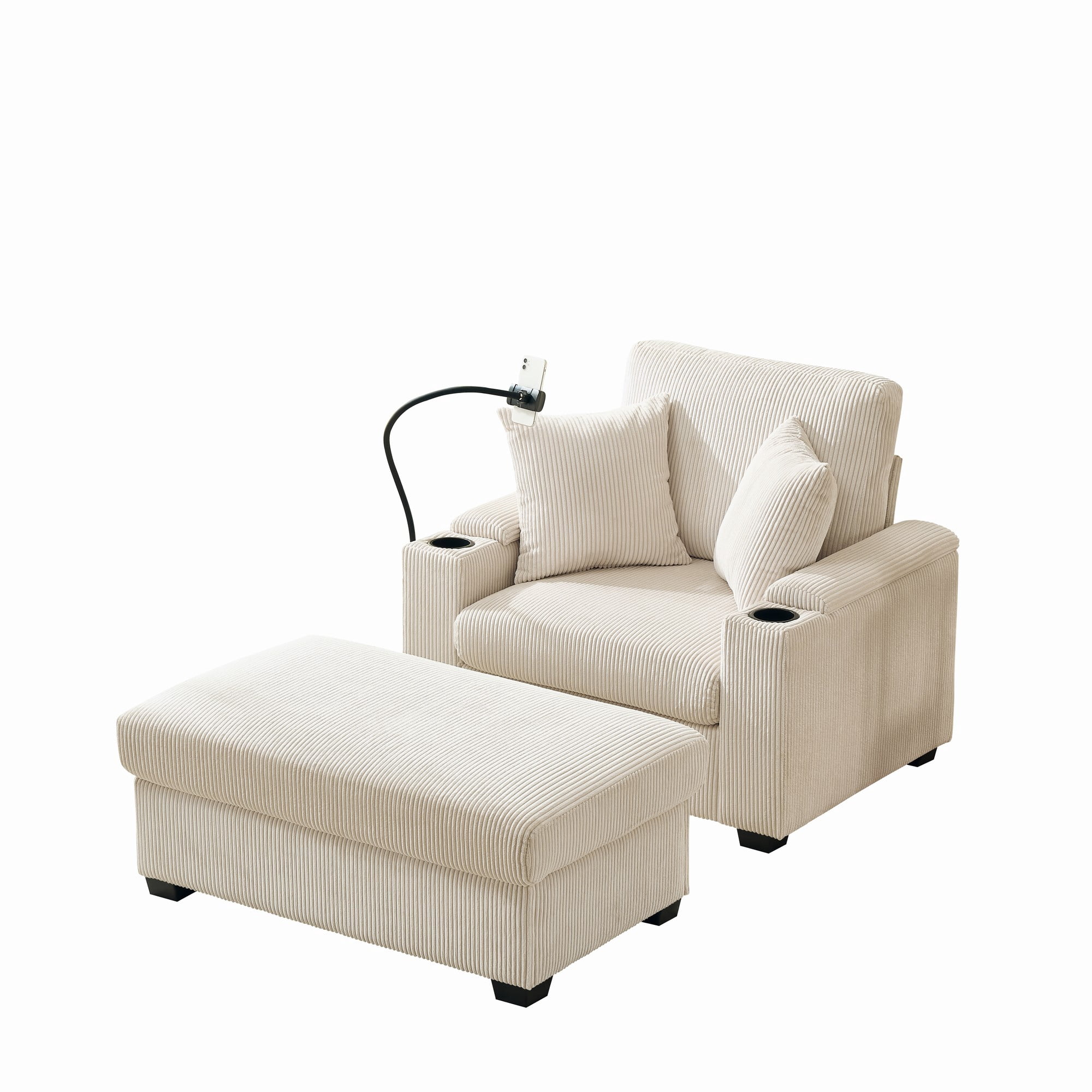 Euroco 55" Oversized Chaise Lounge Chair Indoor with Ottoman and Storage, Comfy Corduroy Sleeper Chair with Cup Holder,Mobile Phone Stand&USB Charging Port