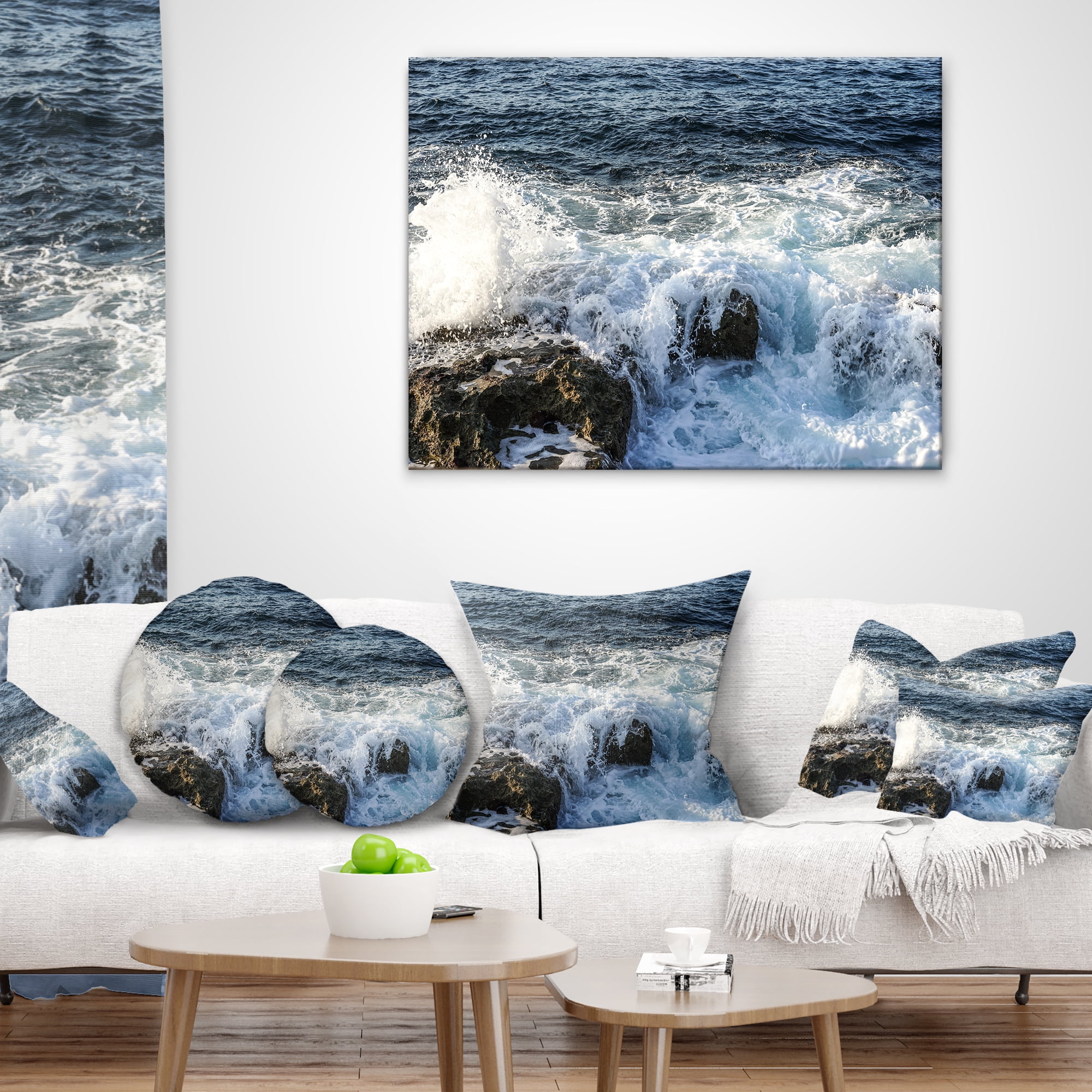 Designart Waves Breaking on Stony Beach - Seashore Throw Pillow - 18x18