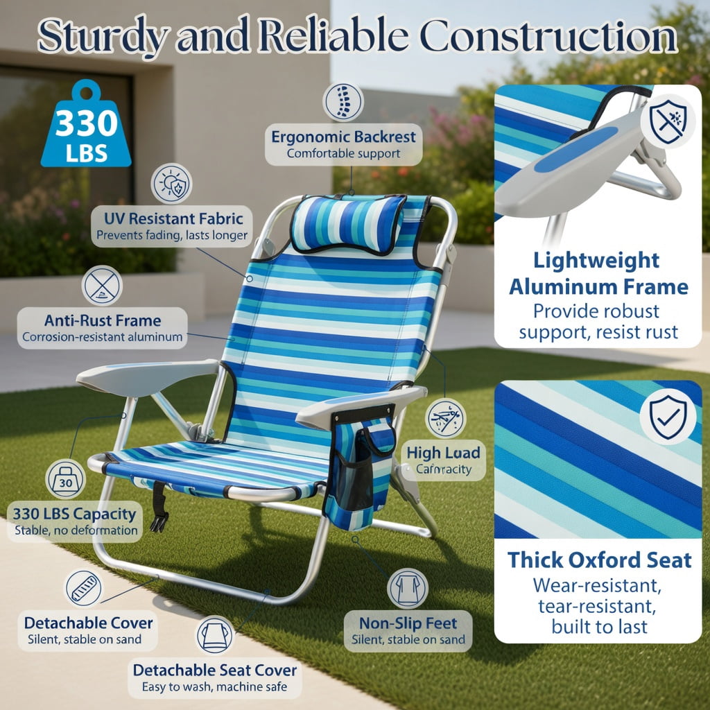 Hommoo 2-Pack Lightweight Folding Beach Chairs for Adults, 4-Position Adjustable Backrest, Rust-Resistant Aluminum Frame, Oxford Fabric Seat, Blue