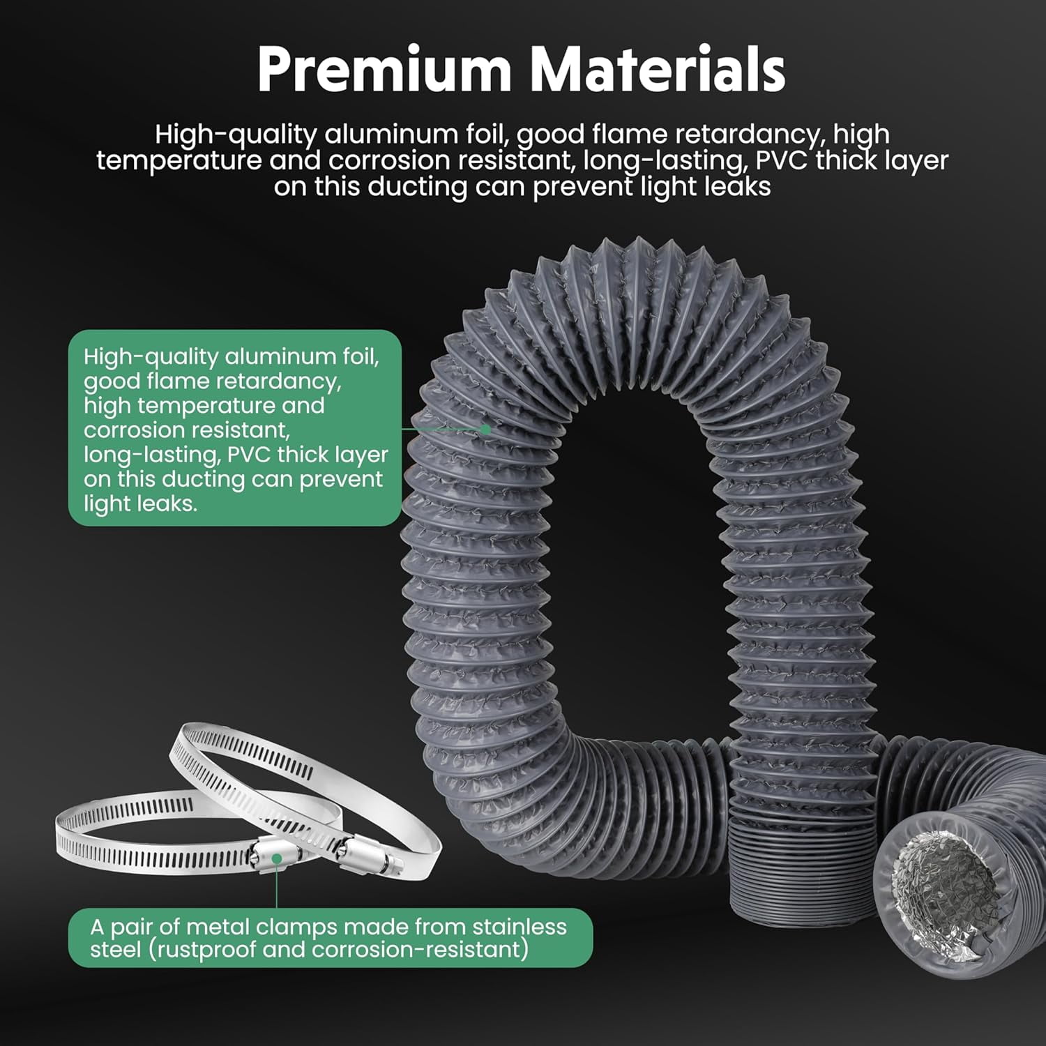 MKEUDQ-4 Inch 8 FT Heavy-Duty Flexible Aluminum Duct Multi-Layer Protective Dryer Vent Hose with 2 Clamps for HVAC Heating Cooling Ventilation, Exhaust Fan, Gray