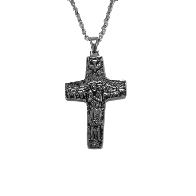 Cruz del Buen Pastor Papa Francisco Bañada en Platino con Cadena (Cruz Mediana)