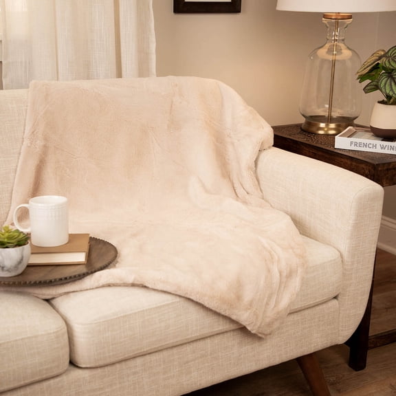 Northlight Plush Faux Fur Solid Throw Blanket - 50" x 60" - Beige and White