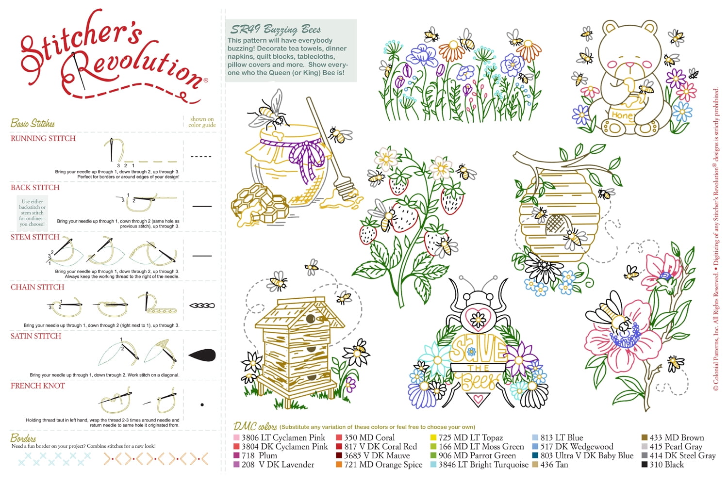 Stitcher's Revolution Brand Buzzing Bees Iron-on Transfer Pattern for Embroidery