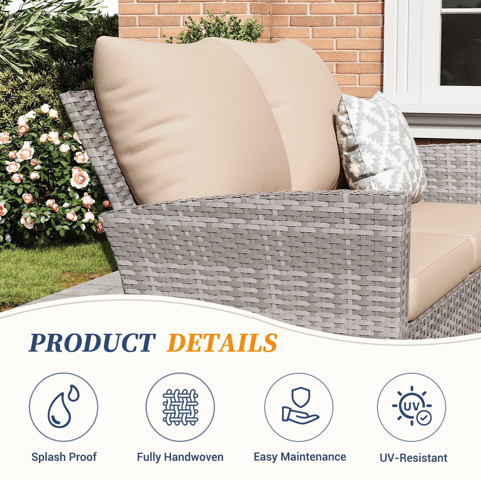ELPOSUN Wicker Patio Furniture Set, 4 Piece Outdoor Sectional Conversation Sets, Gray PE Rattan Patio Sofa Set for Balcony, Porch, Backyard, Khaki
