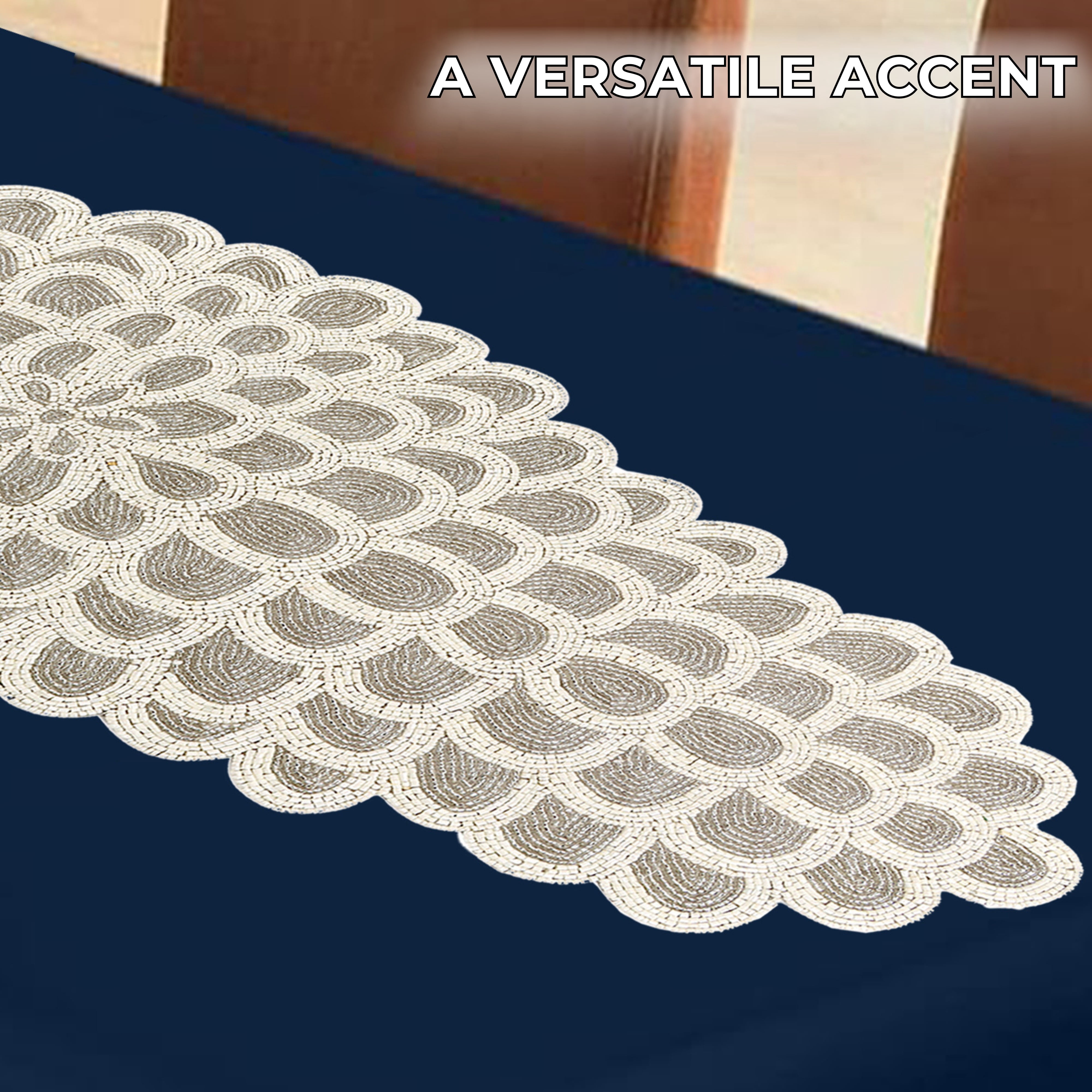 Handcrafted Glass Beaded Table Runner - Elegant Decorative Dining Table Décor (White Silver)