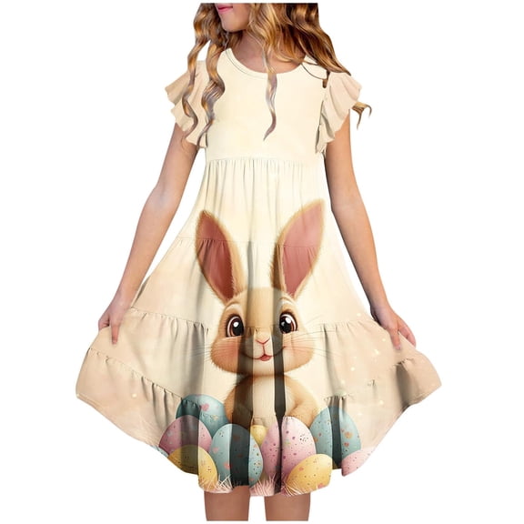 Easter Dress for Girls Bunny Print Tiered Ruffle Sleeve Casual Party Dress Spring Kids Dress,Size 12-13 T