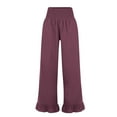 thumbnail image 4 of Ruffle Pants Women Linen Pants High Waisted Wide Leg Palazzo Pants Smocked Waist Summer Boho Casual Loose Fit Beach Pants Purple 2XL, 4 of 6