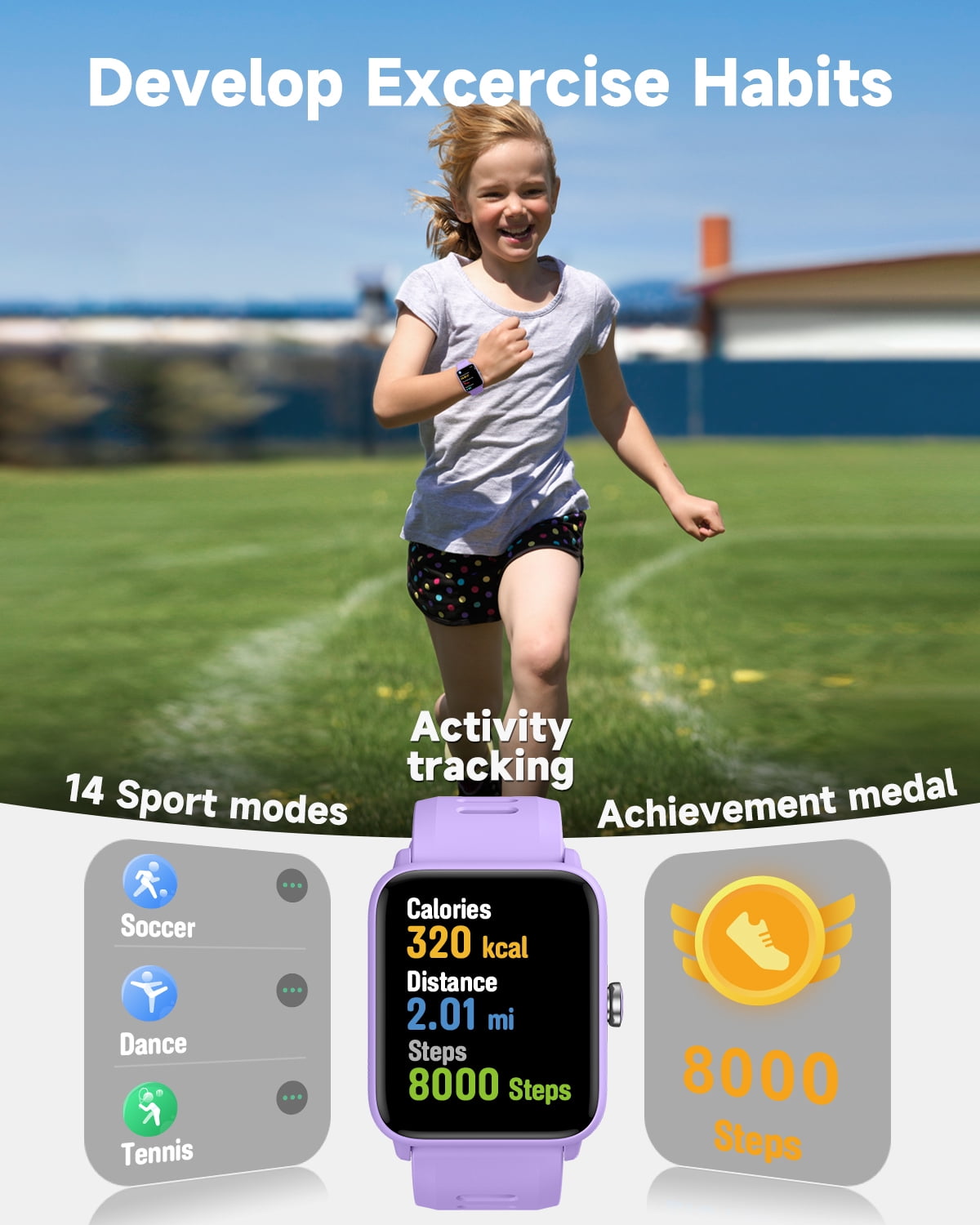 BIGGERFIVE Kids Smart Watch, 1.5''HD Touchscreen Fitness Tracker for Girls Boys, 5ATM Waterproof, Lilac