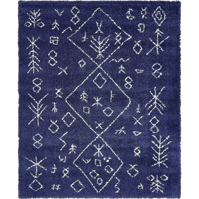 Unique Loom Tapis Design Rabat Shag Nomade 8' x 10' Rectangle Bleu Marine/ivoire