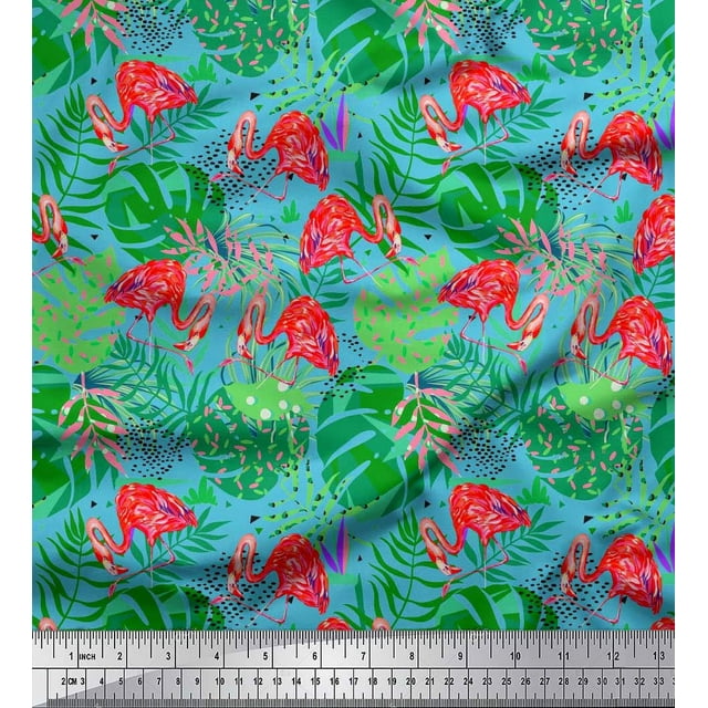Soimoi Tissu en Velours Imprimé Feuilles Tropicales & Flamants Roses Tissu au Mètre 58 Pouces de Large