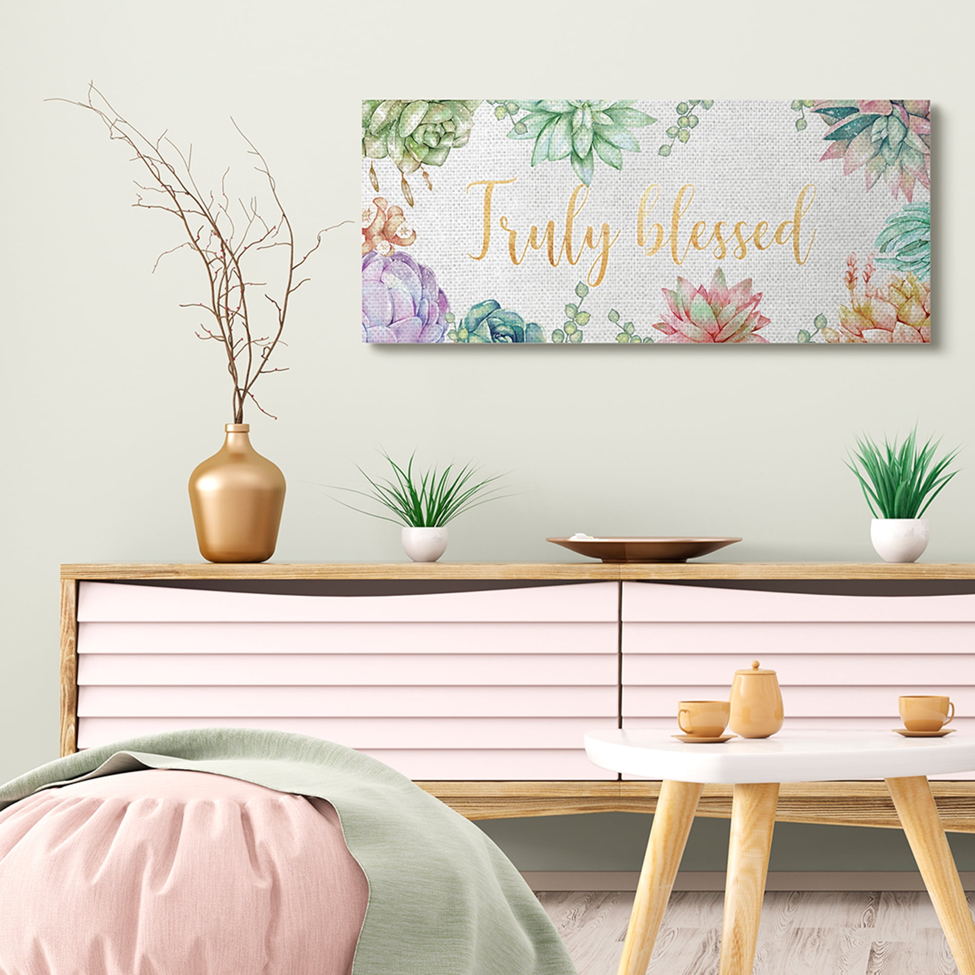 Stupell Industries Truly Blessed Sentiments Modern Succulent Greenery Botanical & Floral Painting Gallery Wrapped Canvas Art Print Wall Art, 17 x 40