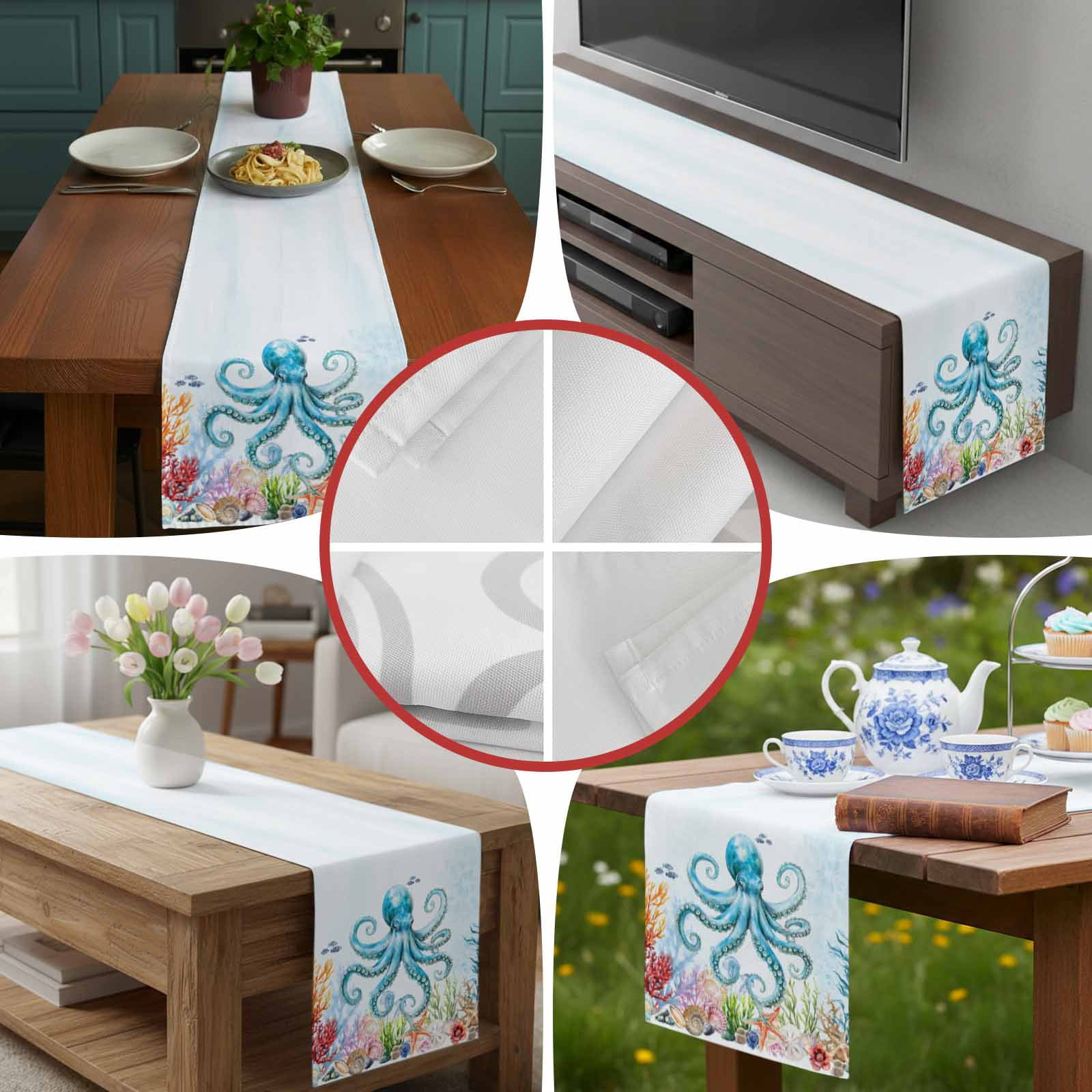 Octopus Ocean Coral Starfish Table Runner 90 Inches Long, Sea Monster Underwater World Table Runners Tabletop Scarf Kitchen Dining Tables Decoration for Home Party Indoor Outdoor