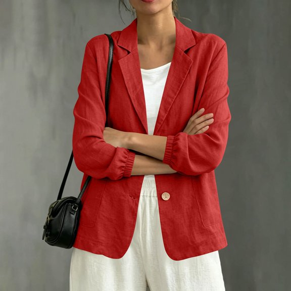 Womens Linen Blend Blazer Jacket, Long Sleeve Cardigan with Elastic Cuffs, Lightweight Casual Work Office Outerwear Fall 2026 Fashion Outfits(Red,L)