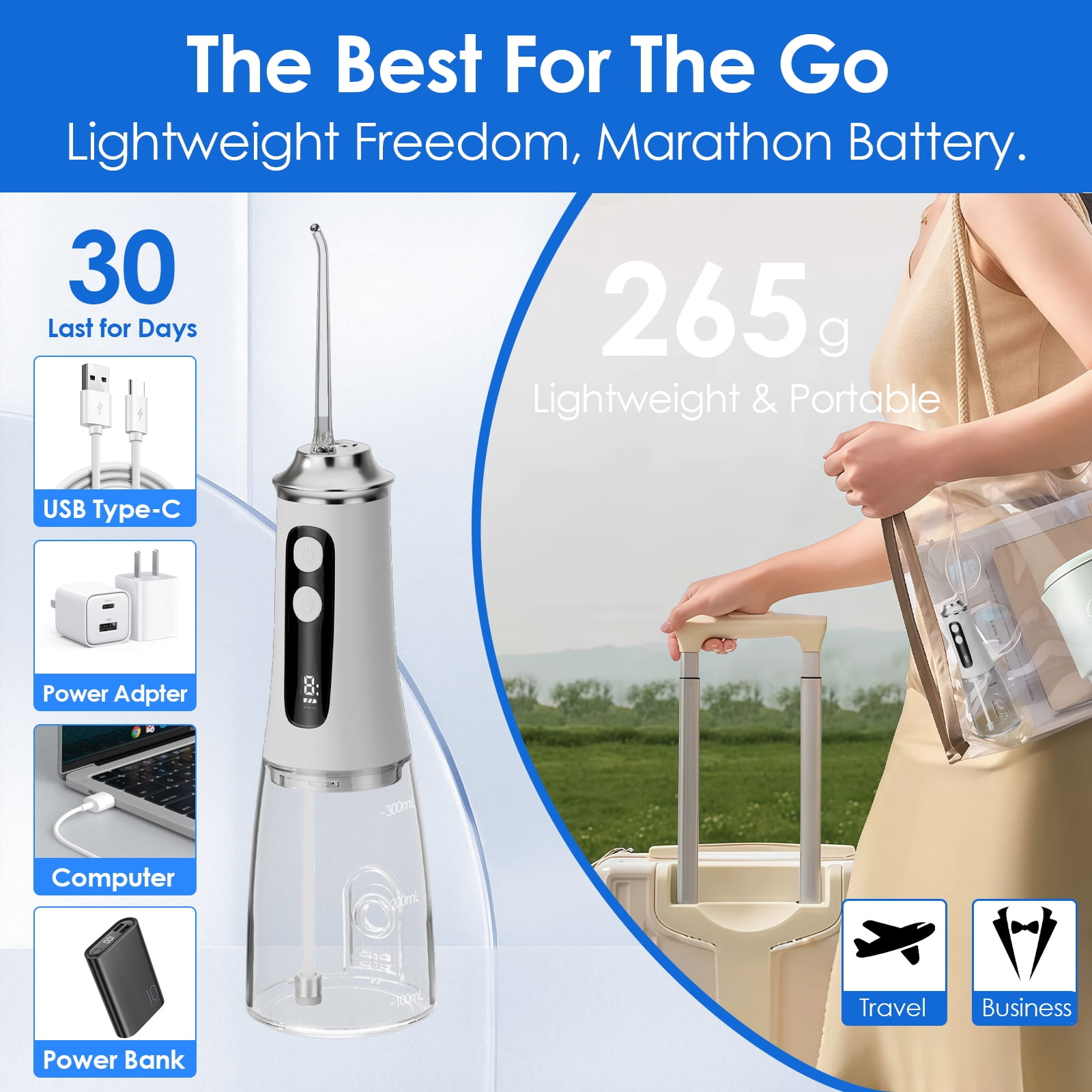 Hooyapik Cordless Water Flosser 300ml 9 Modes Adjustable Pressure for Gum & Braces, 4 Tips, White