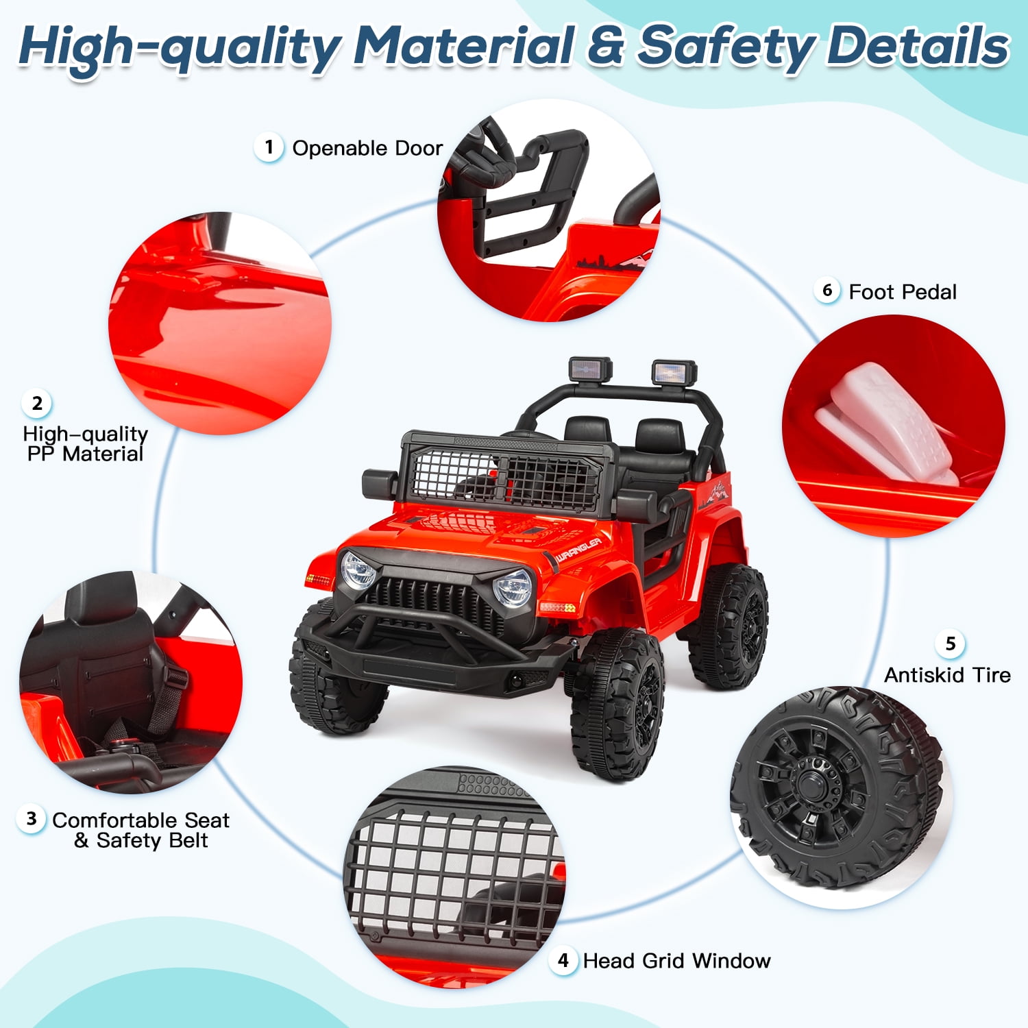 Erinnyees Ride on Jeep Car 12V Kids Electric Vehicles with Parent Remote Control, Safety Belt,Forward and Reverse Functions,Battery Powered,Spring Suspension,Music and Lights-Red