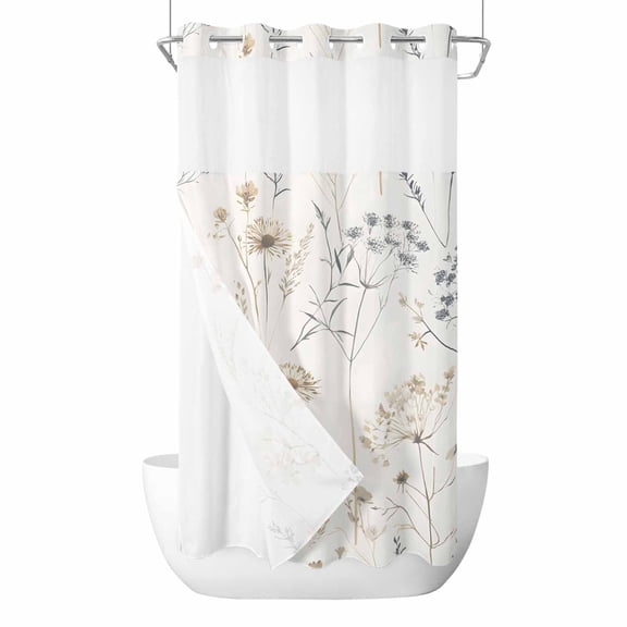 No Hook Shower Curtains with Snap-in Liner Set, Beige Black Botanical Waterproof Hotel Style Bathroom Shower Curtain, Watercolor Floral Vintage Breathable Mesh Top Window Bath Curtains 36''x72''