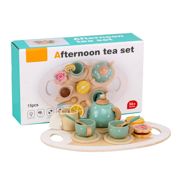 Crrynuo - Juego de té de madera para niños - 15 piezas - Juego de imitación - Madera de roble - Apto para niños de 4 a 6 años