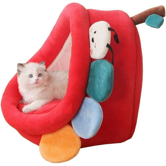 Calming Cat Bed for Indoor Cats Cute Cat Cave Bed Cat Tent House Soft Self Warming Kitten Beds Small Puppy Bed with Removable Washable Cushion Pillow Waterproof Anti-Slip Bottom Red S