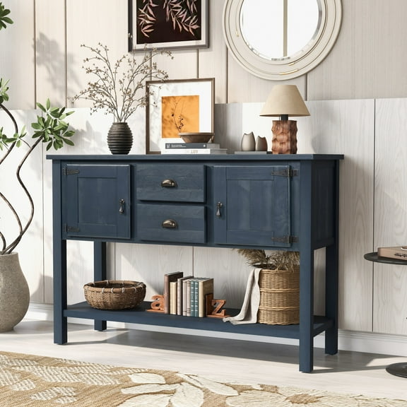 Noble House 48" Retro Sideboard Console Table with 2 Drawers, Cabinets and Bottom Shelf, Navy Blue