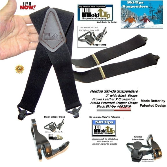 Holdup 2" Black X-Back Ski-Up Suspenders With Black Gripper Clasps
