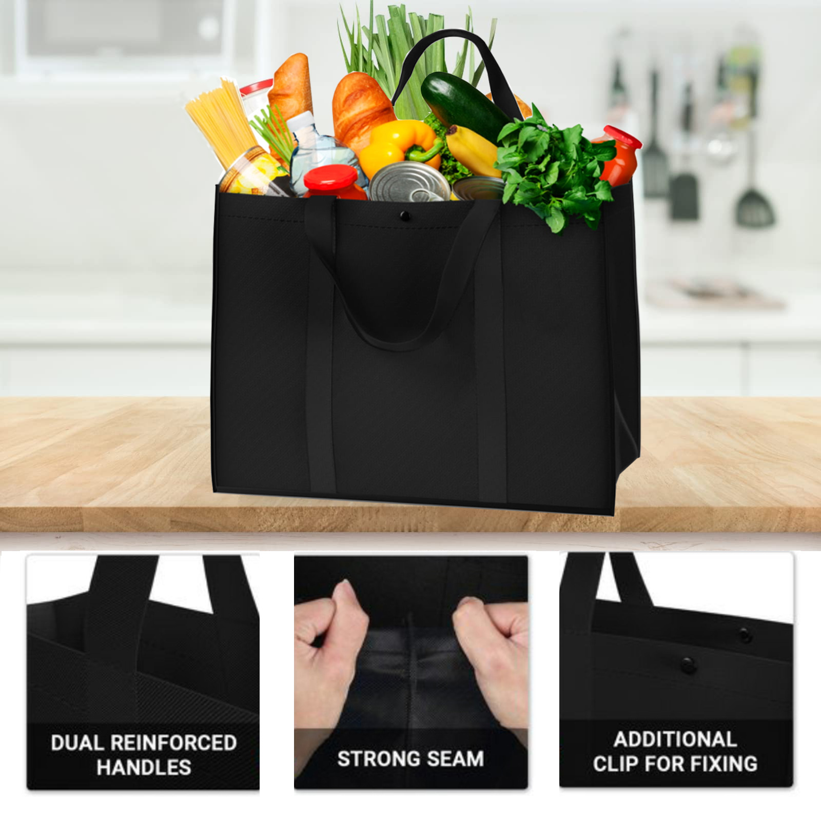 Set of 3 Reusable Grocery Bags,Large Foldable Heavy Duty Bag, Shopping Tote Produce Bag with Reinforced Handles & Thick Plastic Support Bottom, Black Washable Storage - image 3 of 6
