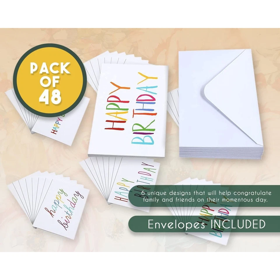CIRCLE- 48 Pack Blank Birthday Cards With Envelopes For Kids, Adults, 6 Designs, 4 X 6