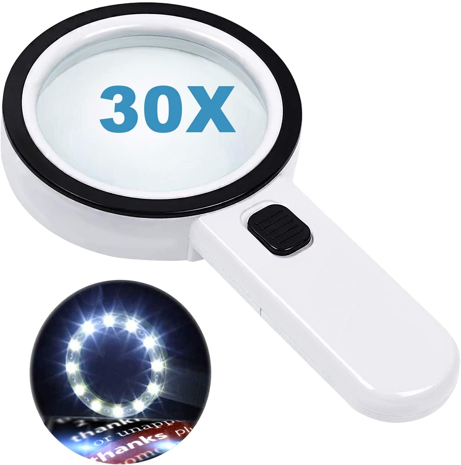 30X Handheld Magnifying Glass with Light Macular Degeneration Exploring Jewelry Coins Map Hobbies Inspection Stamps Jumbo Double Lens 12 LED Illuminated Magnifier for Seniors Reading 