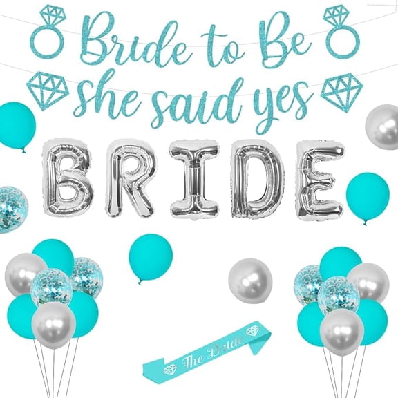 Teal Bachelorette Party Decorations Kit, Bridal Shower Decorations Teal for Girls with Bride Letter Balloons, She Said Yes Glitter Banner, The Bride Sash and Silver Diamond Ring Foil Balloon