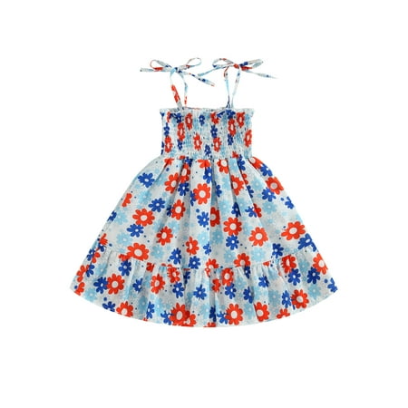 

Western Kids Baby Girl 4th of July Outfit American Flag Sleeveless Strap Dress Ruched Tutu Dresses Independence Day Clothes