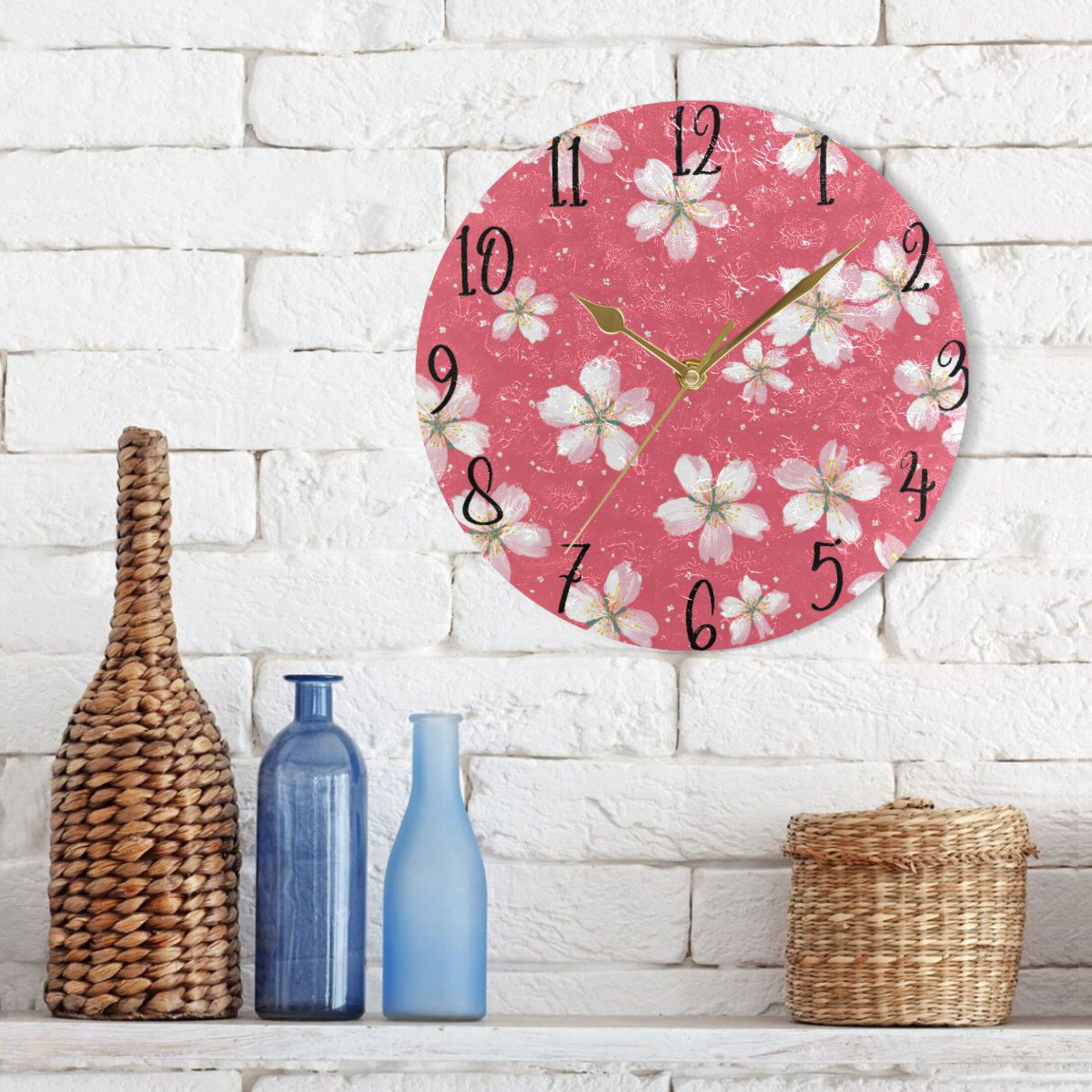 10" Quartz Indoor Wall Clock Silent Mechanism - Delicate Pink Cherry Pattern