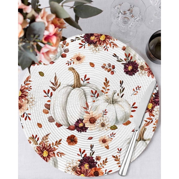 13 Inch Round Placemats Set of 6, Grey Pumpkins Fall Non Slip Heat Insulation PP Table Mats, Thanksgiving Botanical Floral Washable Place Mats for Kitchen Dining Party Table Decor