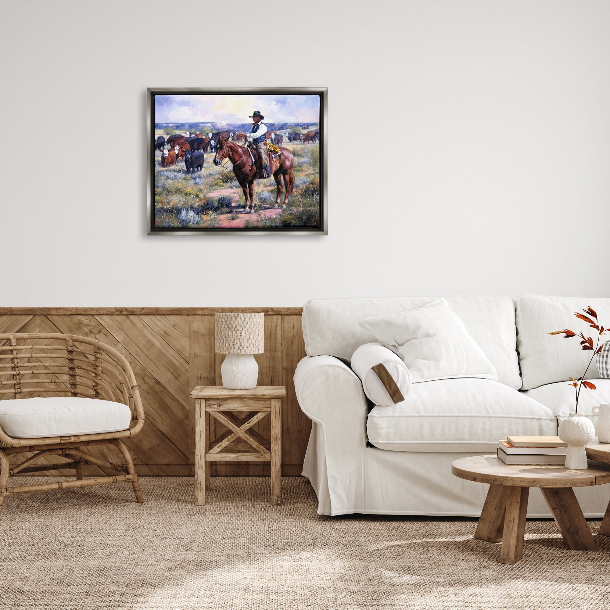 Stupell Industries Cowboy Herding Cattle Ranch Animals & Insects Painting Gray Floater Framed Art Print Wall Art, 31 x 25