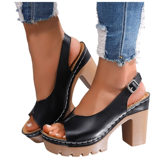 Platform Heels for Women Lug Sole Chunky High Heeled Sandals Peep Toe Splice Leather Adjustable Strap Pumps Black Size 8.5