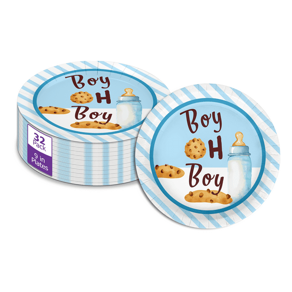 Boy oh Boy Milk and Cookie Baby Shower - 32 Piece Disposable Party Supplies - Decorations for Dessert Baby Shower Round Party Plates - Large 9" Paper Plates In Bulk