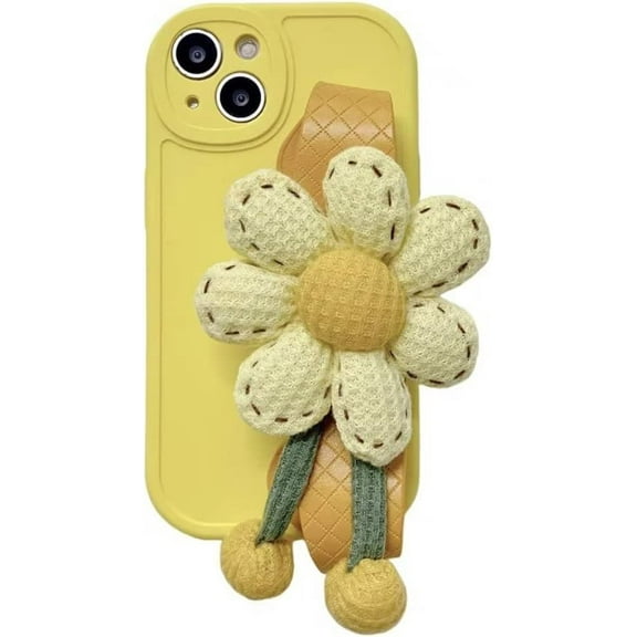 Yellow Phone Case with Cute 3D Braided Flower Wristband Stand and Adjustable Shoulder Strap, Shockproof Silicone Soft Case for iPhone 11 Pro Max