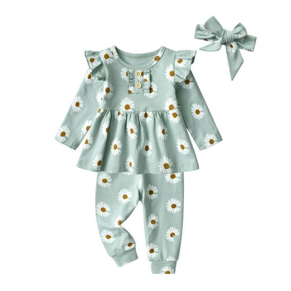 Toddler Baby Girl Clothes Ruffle Long Daisy Printed Tops with Floral Pants and Headband Set Green 3-6 Months