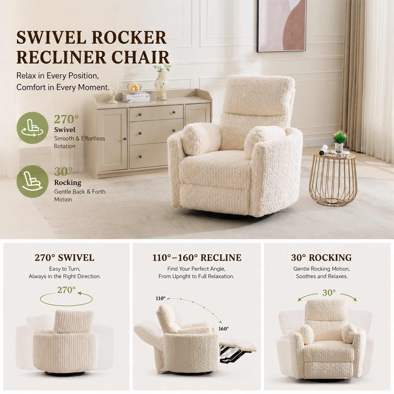 Adult Sherpa Nursery Power Swivel and USB Charging Recliners with 2 Removable Pillows, Beige