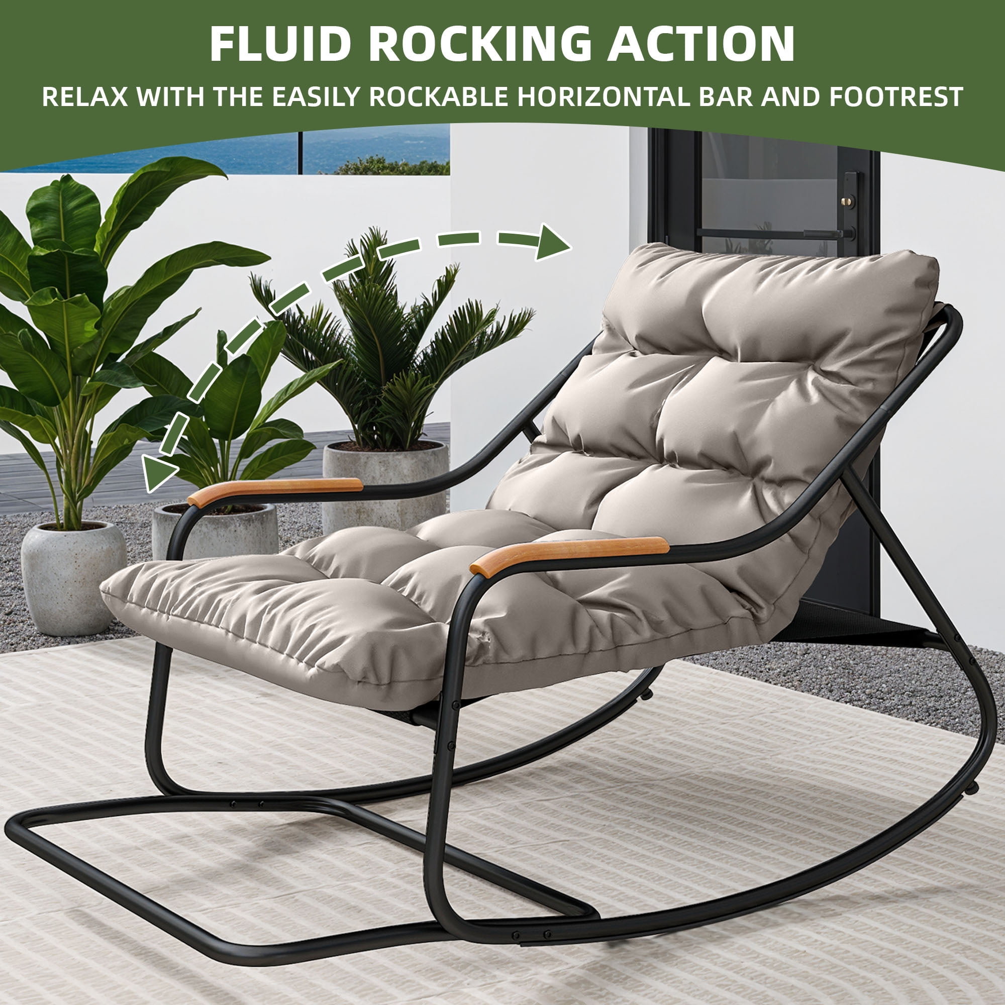 Uforic Oversized Patio Rocking Chair with Soft Thick Cushion, Steel Outdoor Lounge Rocker Chair with Textilene Handrail and Footrest - Black
