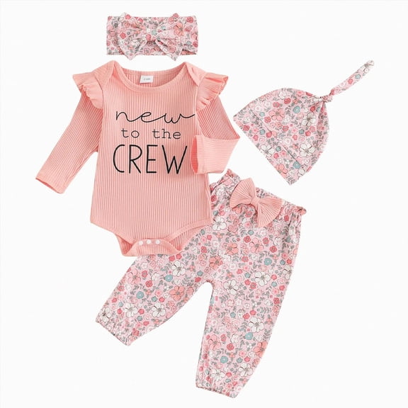 CAUYDY Newborn Clothes Baby Girl Fall Winter Outfits Long Sleeve Romper Pants Warm Hat Bow Headband 4-Pieces Set for Preemie Infant 0 3 6 Months Layette Set (Sizes 0-3 Months,Orange)