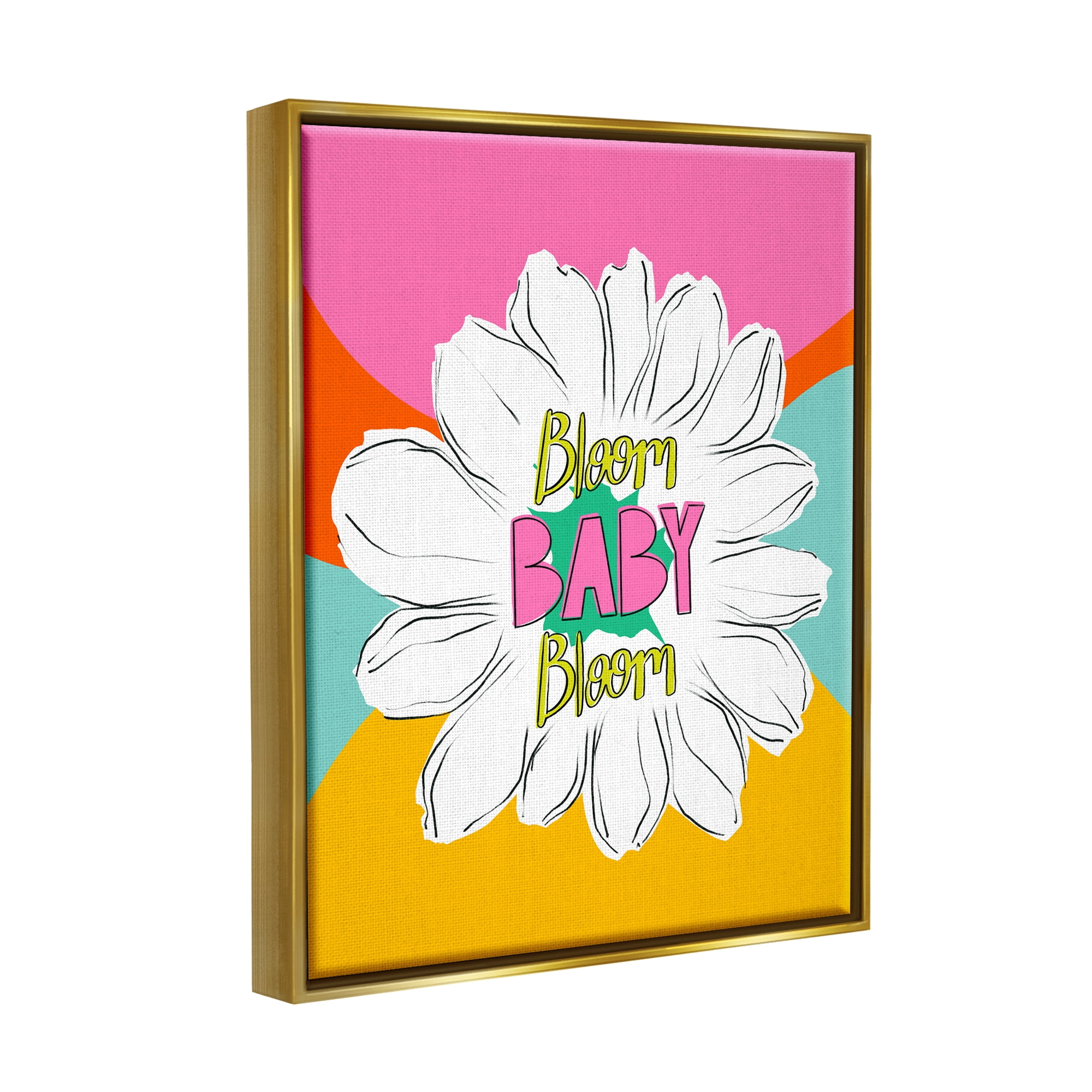 Stupell Industries Bloom Bright Flower Phrase Inspirational Painting Gold Floater Framed Art Print Wall Art, 17 x 21