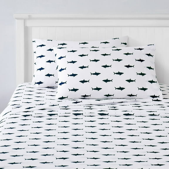 Kids Classic Printed Microfiber Sheet Sets, Ultra Soft Fitted Sheets with Straps - Sharks, Full Size