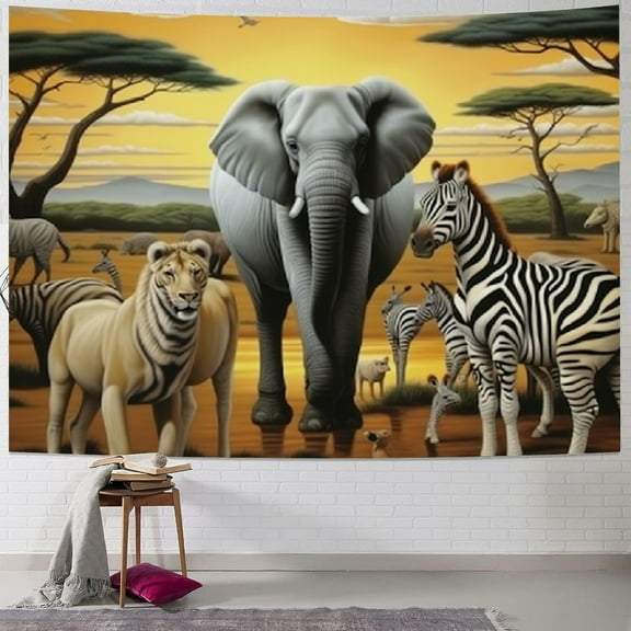 Shiartex  Tropical Forest Grassland African Animals Tapestry Home Decor Jungle Lion Elephant Giraffe Zebra Tapestry Wall Hanging Decor for Room  40x30inch